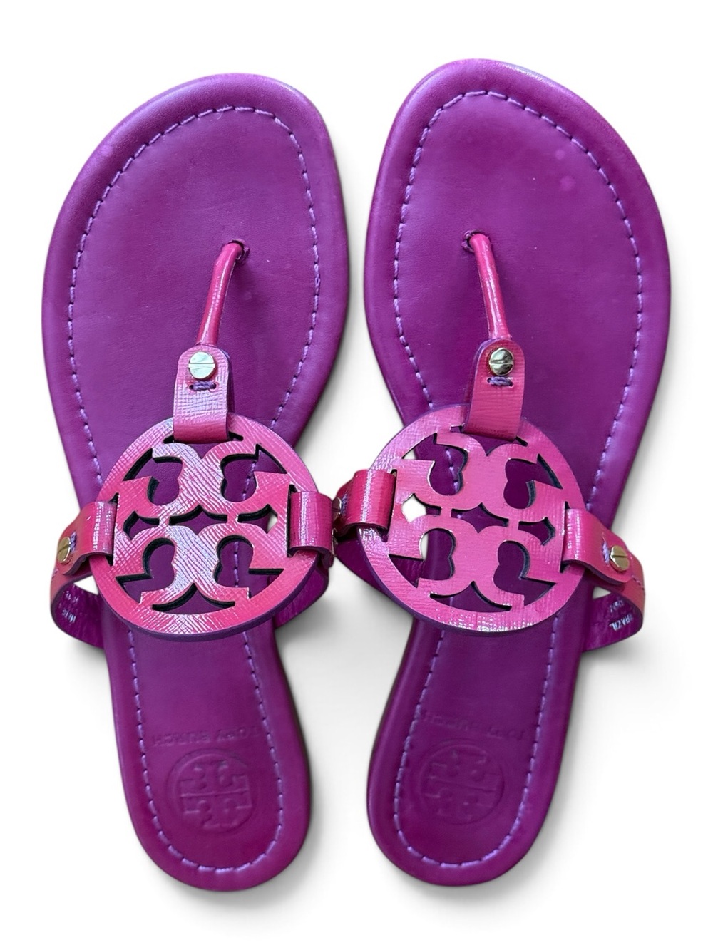 Tory Burch Miller Leather Logo Sandals 8.5 Pink Fuchsia Made in Brazil